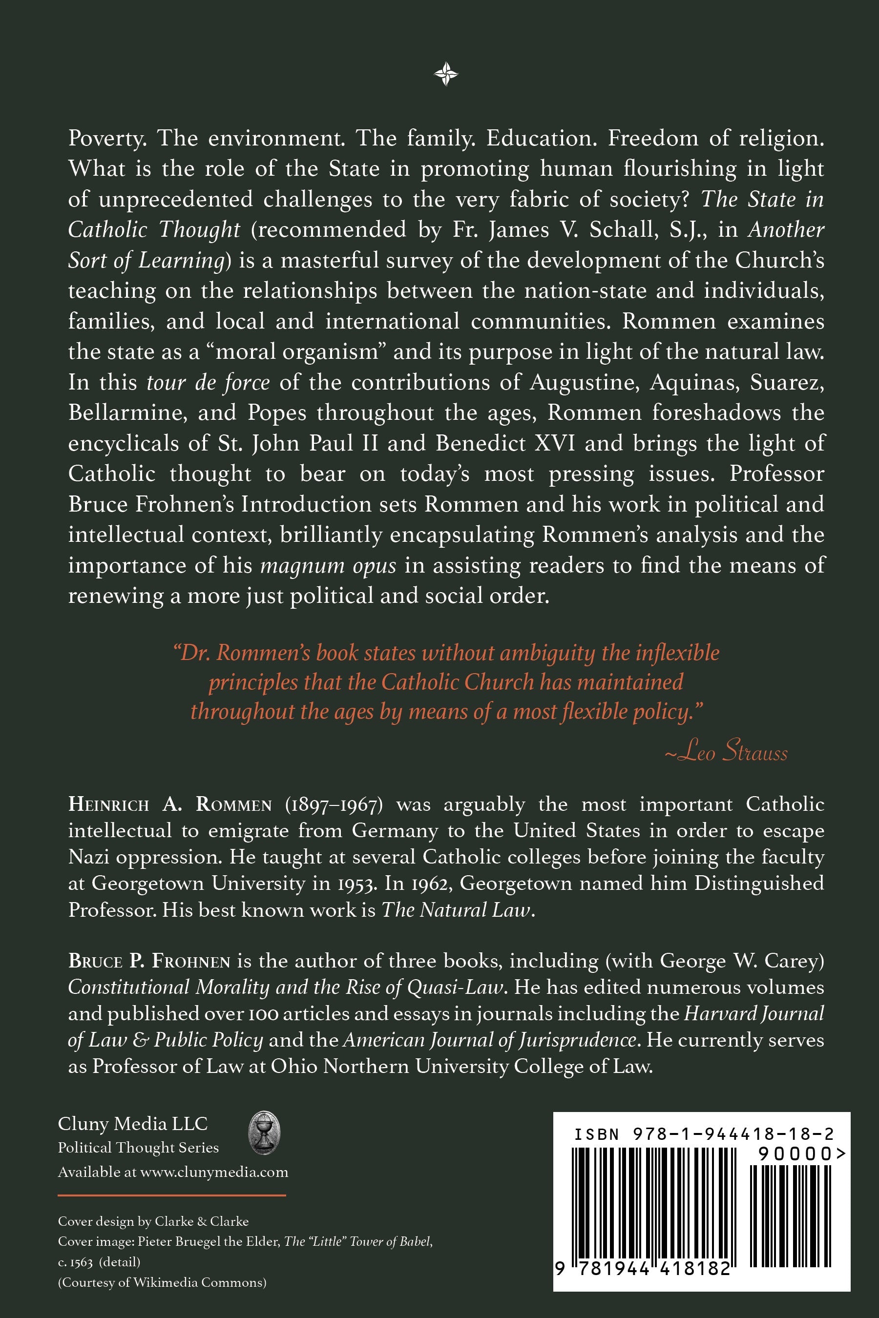 Book back cover with synopsis and barcode, titled The State in Catholic Thought