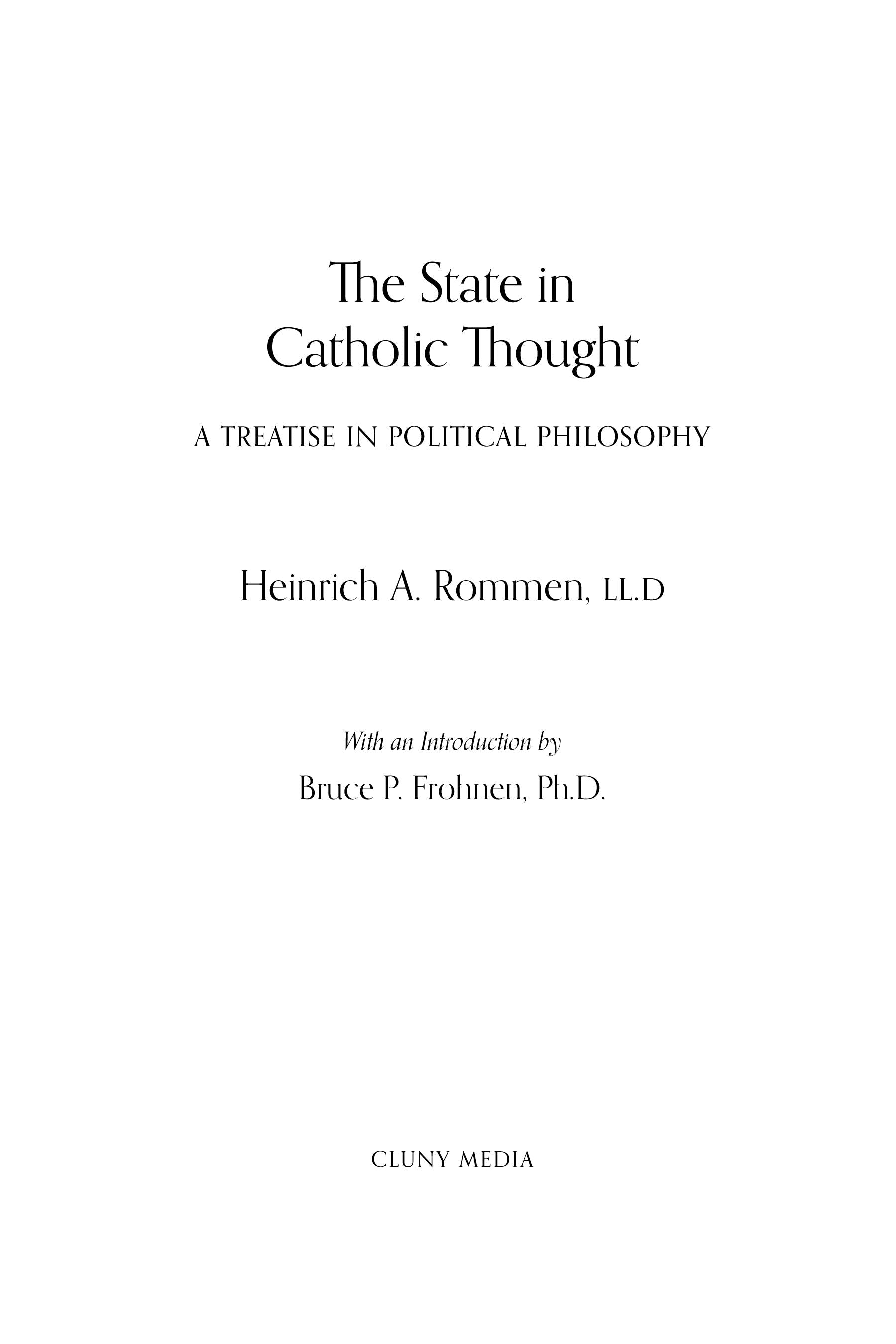 Book title page: The State in Catholic Thought by Heinrich A. Rommen, LL.D