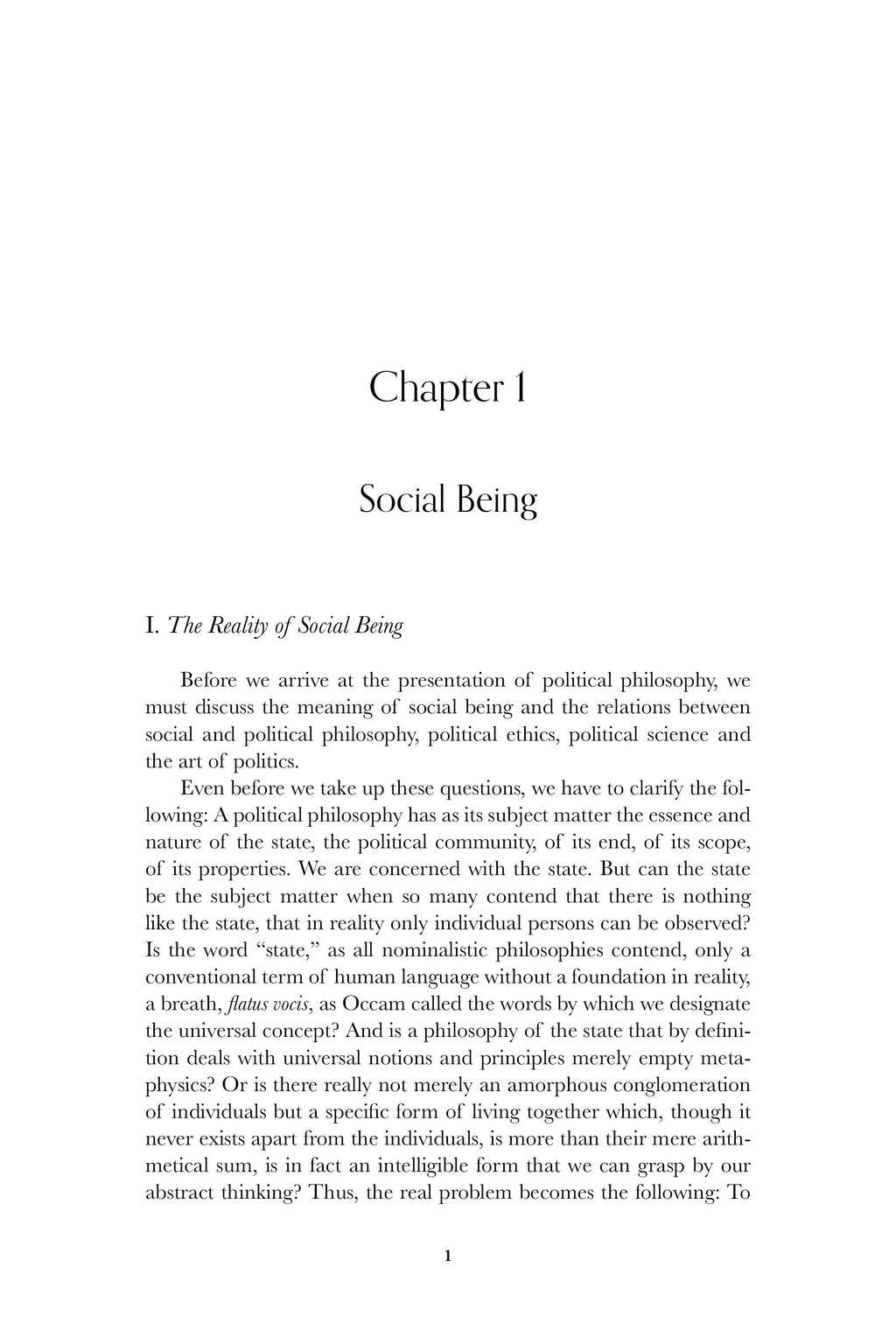 Book chapter page: Chapter 1, Social Being, with section heading I.