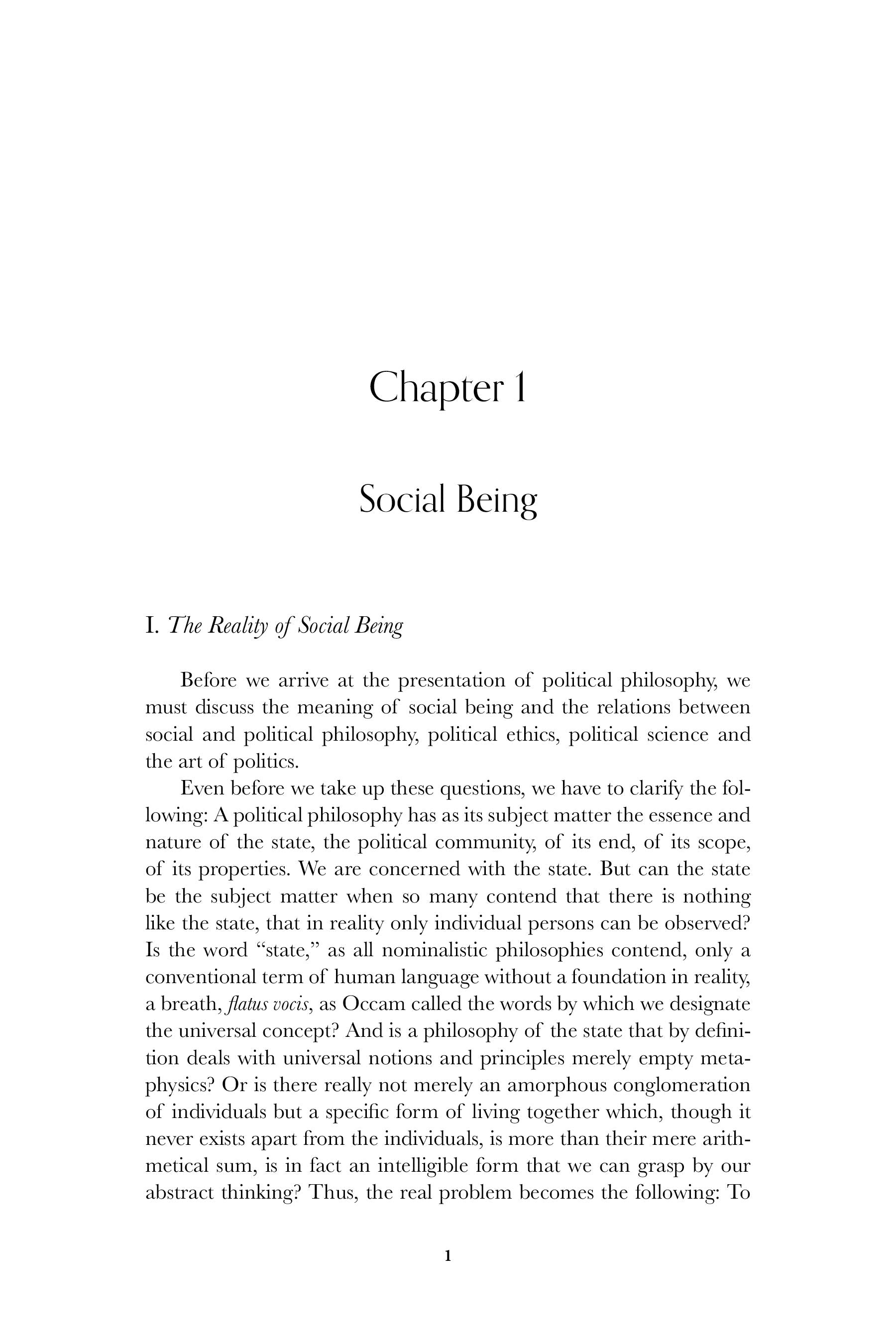 Book chapter page: Chapter 1, Social Being, with section heading I.