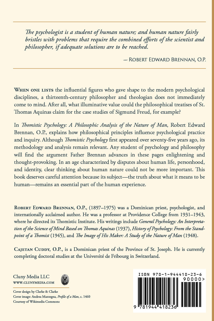 Thomistic Psychology back cover with quotes, author names, and ISBN barcode