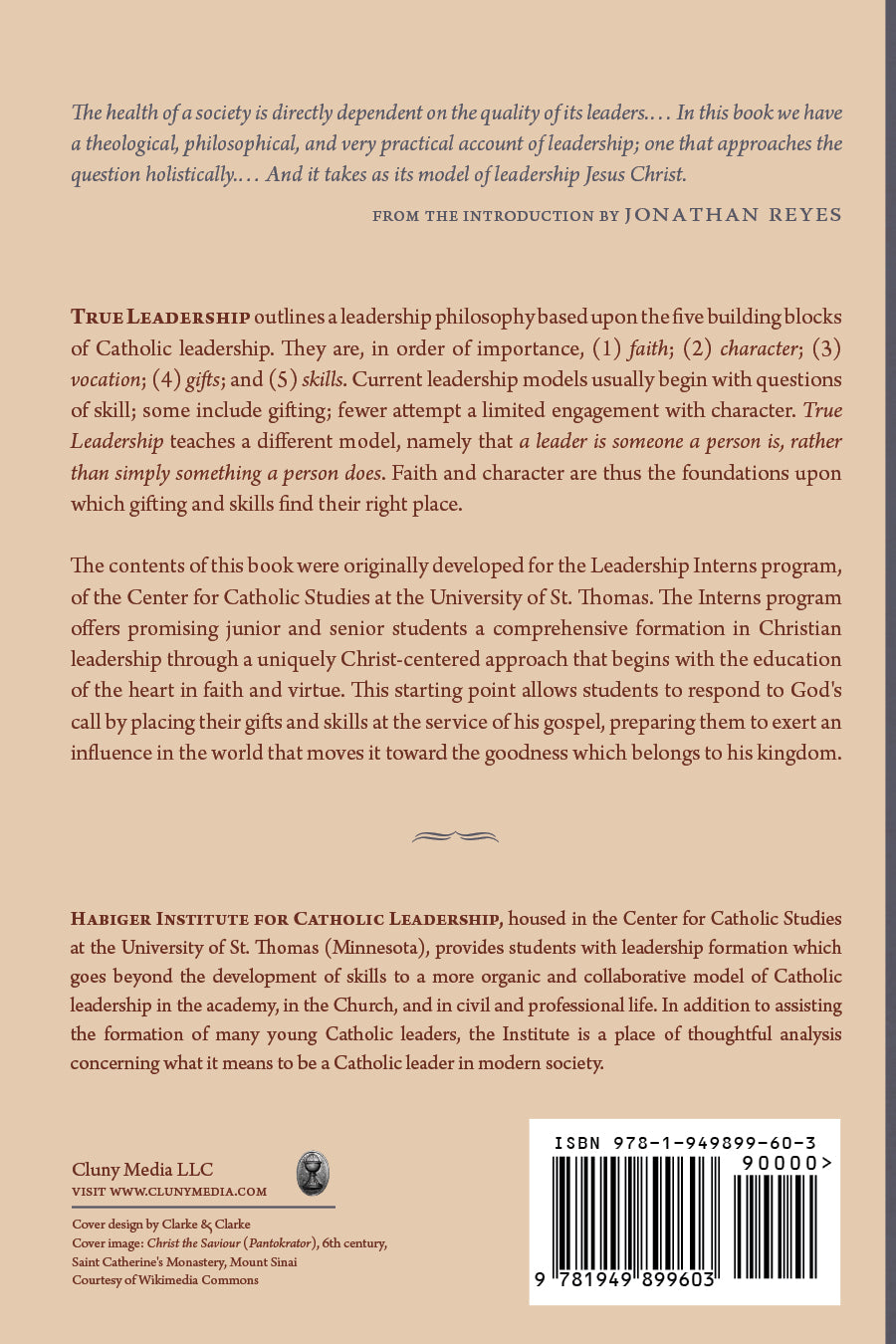 Leadership book back cover with description, barcode, and publication info