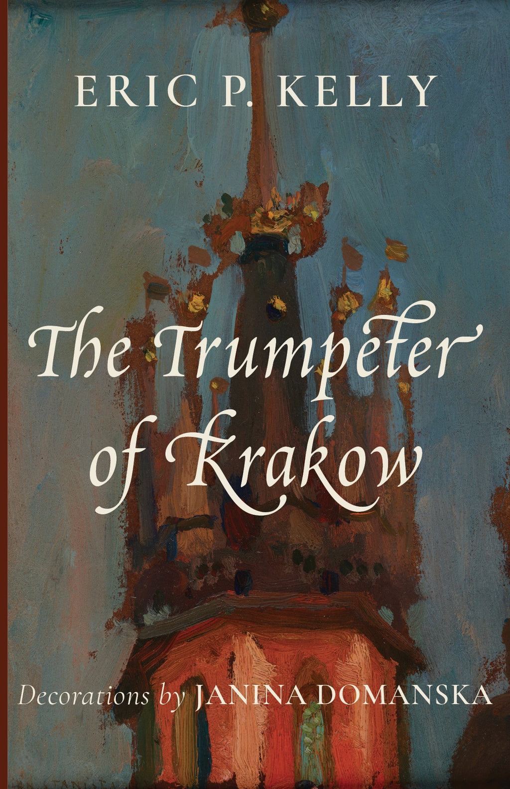 Hardcover book with blue artwork cover, decorative title lettering and author name.