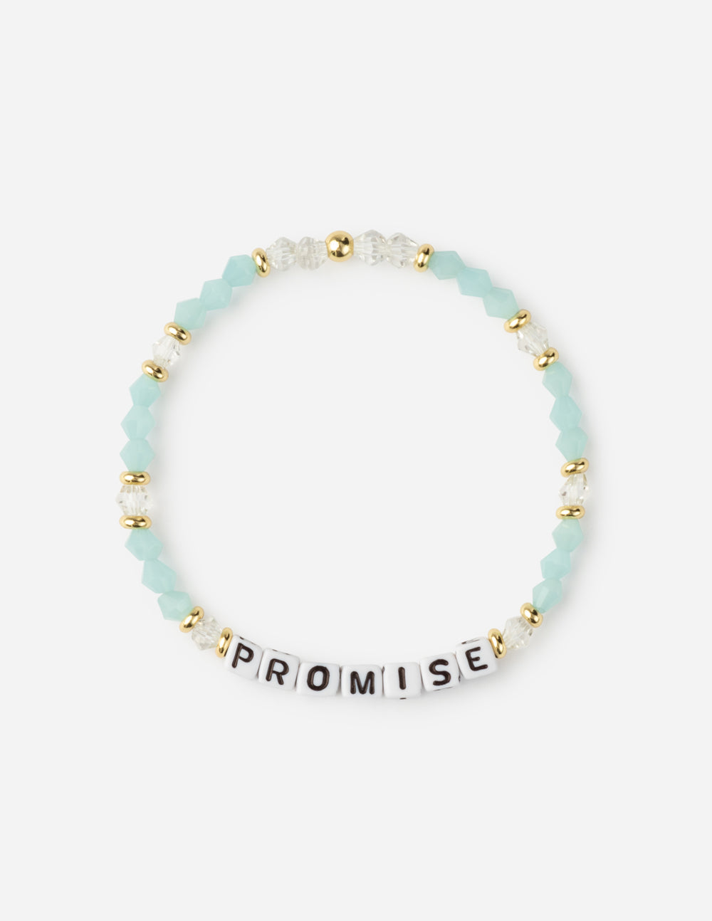 Aqua beaded promise letter bracelet with white letter beads and gold spacer beads