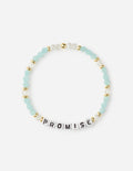 Aqua beaded promise letter bracelet with white letter beads and gold spacer beads