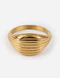 Gold-tone ring with wide band and textured horizontal grooves