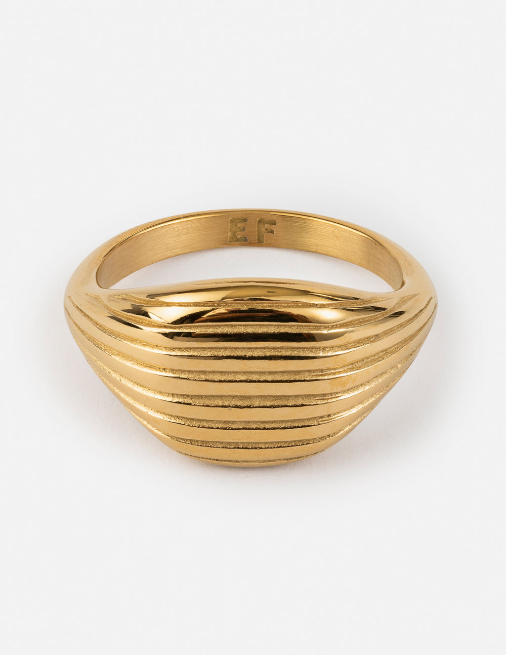 Gold-tone ring with wide band and textured horizontal grooves