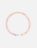 Pink beaded letter bracelet with multicolor alphabet beads and elastic cord