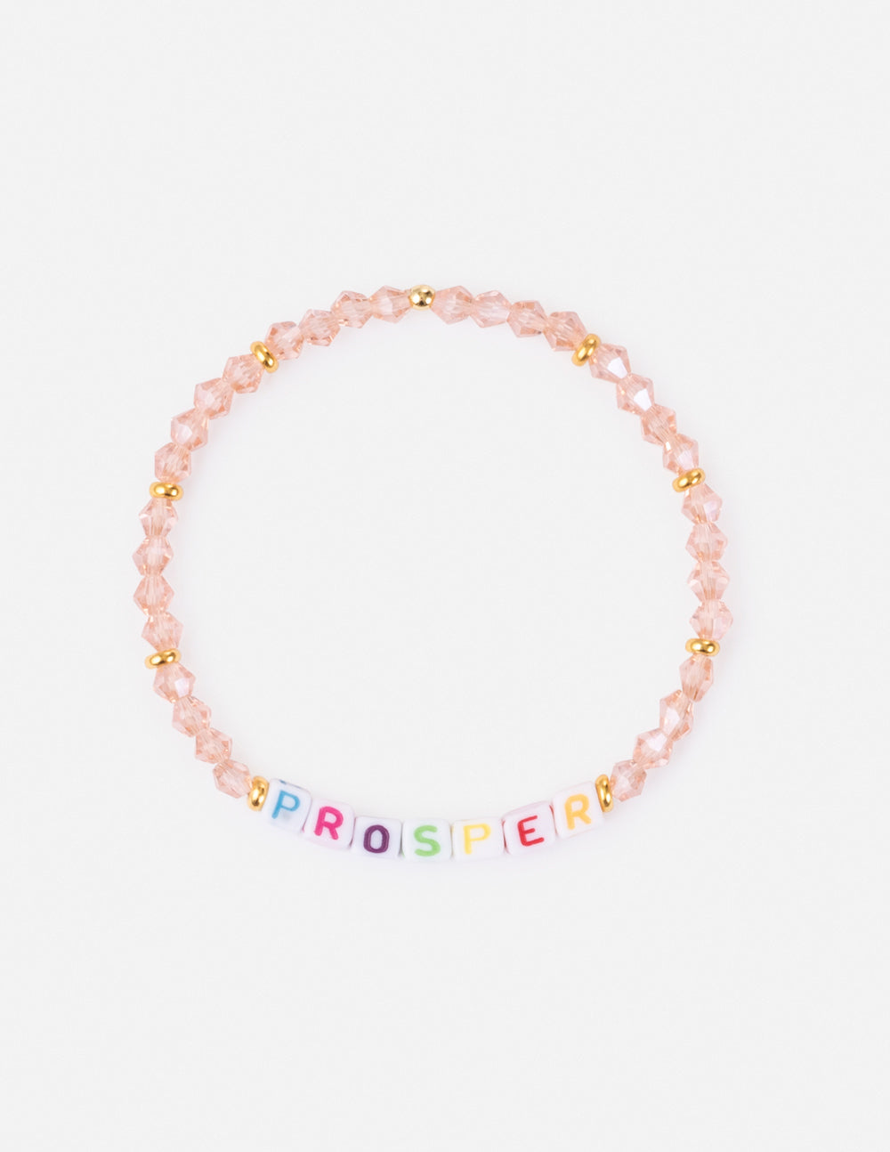 Pink beaded letter bracelet with multicolor alphabet beads and elastic cord