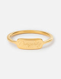 Gold signet ring with arched band and engraved “Prosperity” front