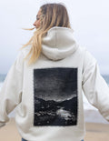 Off-white unisex hoodie, hooded back with large black photo graphic