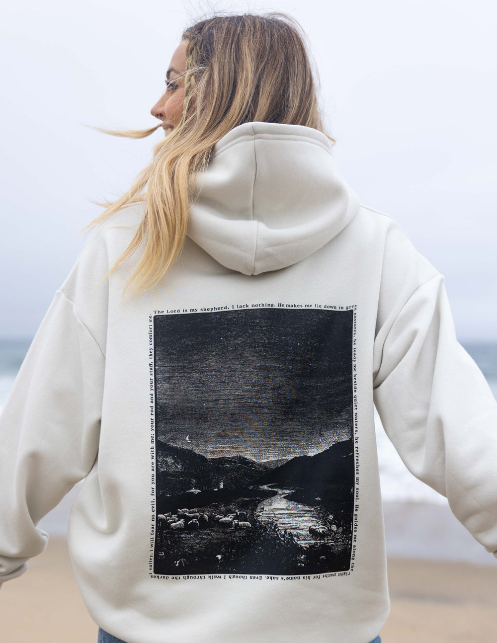 Off-white unisex hoodie, hooded back with large black photo graphic