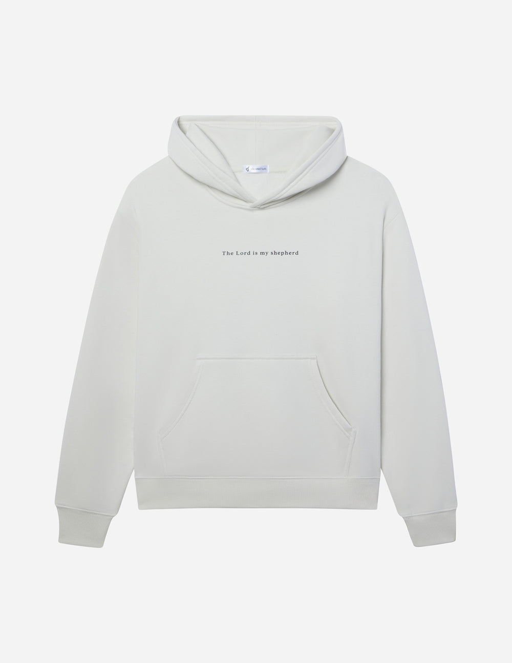 Unisex light-gray hoodie with front pocket and small chest text graphic