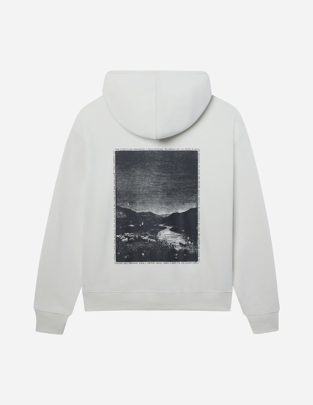 Unisex light-gray hoodie with back hood and rectangular landscape graphic