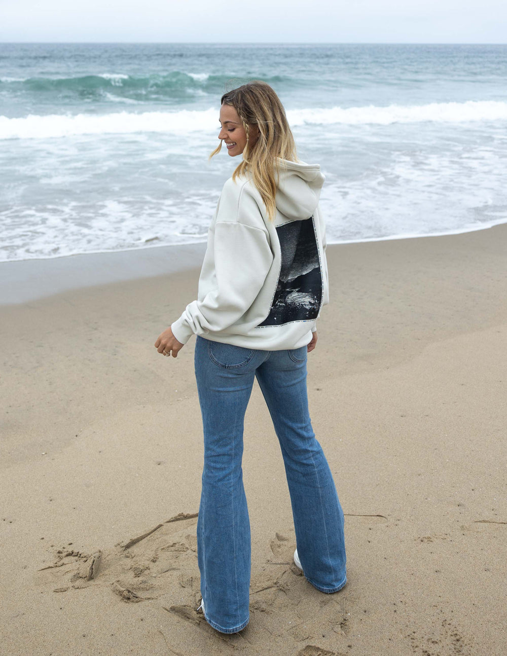 Off-white unisex hoodie, hood and partial back photo graphic