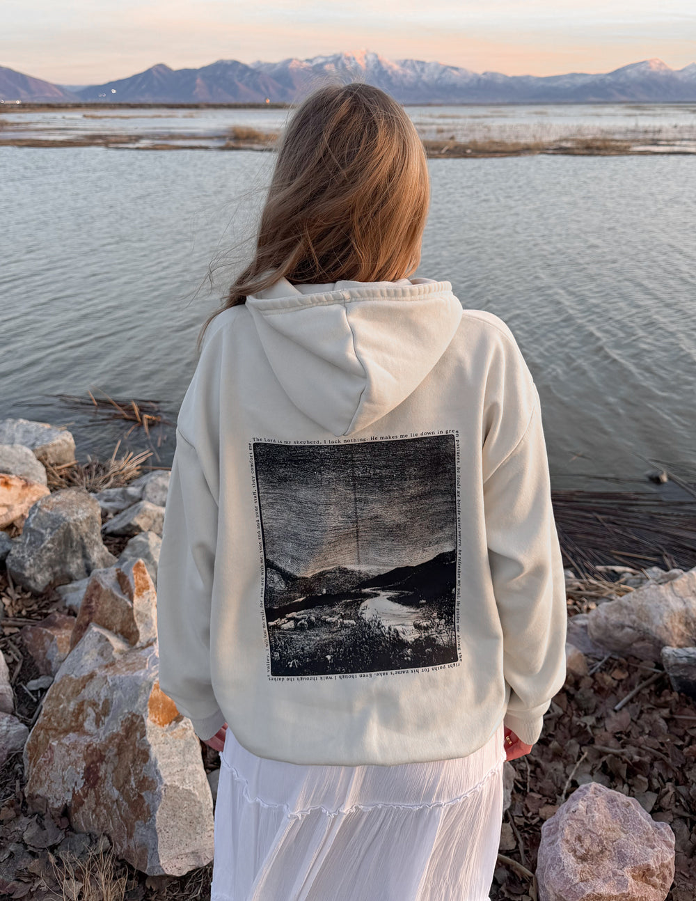 Off-white unisex hoodie with back hood seam and black square photo graphic