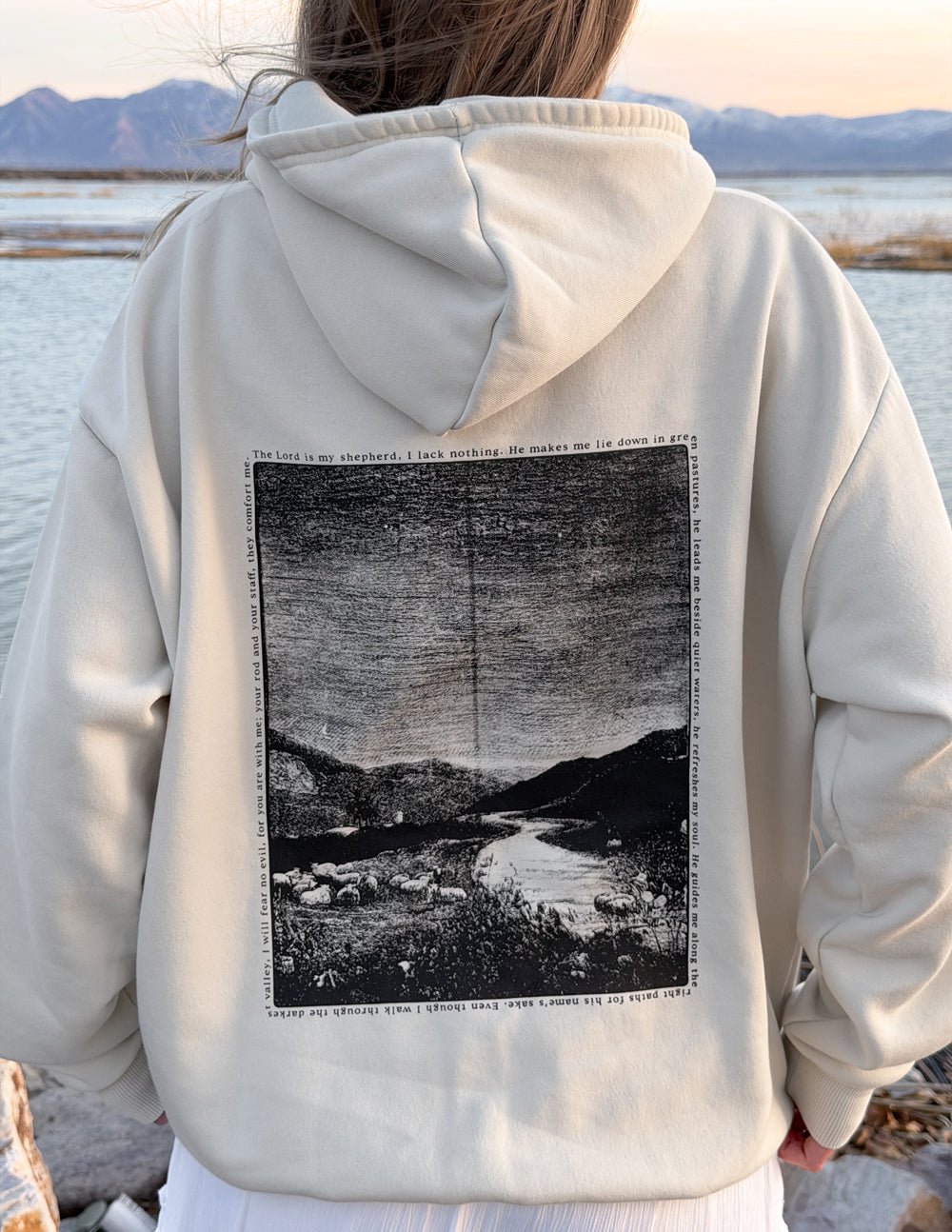 Off-white unisex hoodie back view with large black square photo graphic