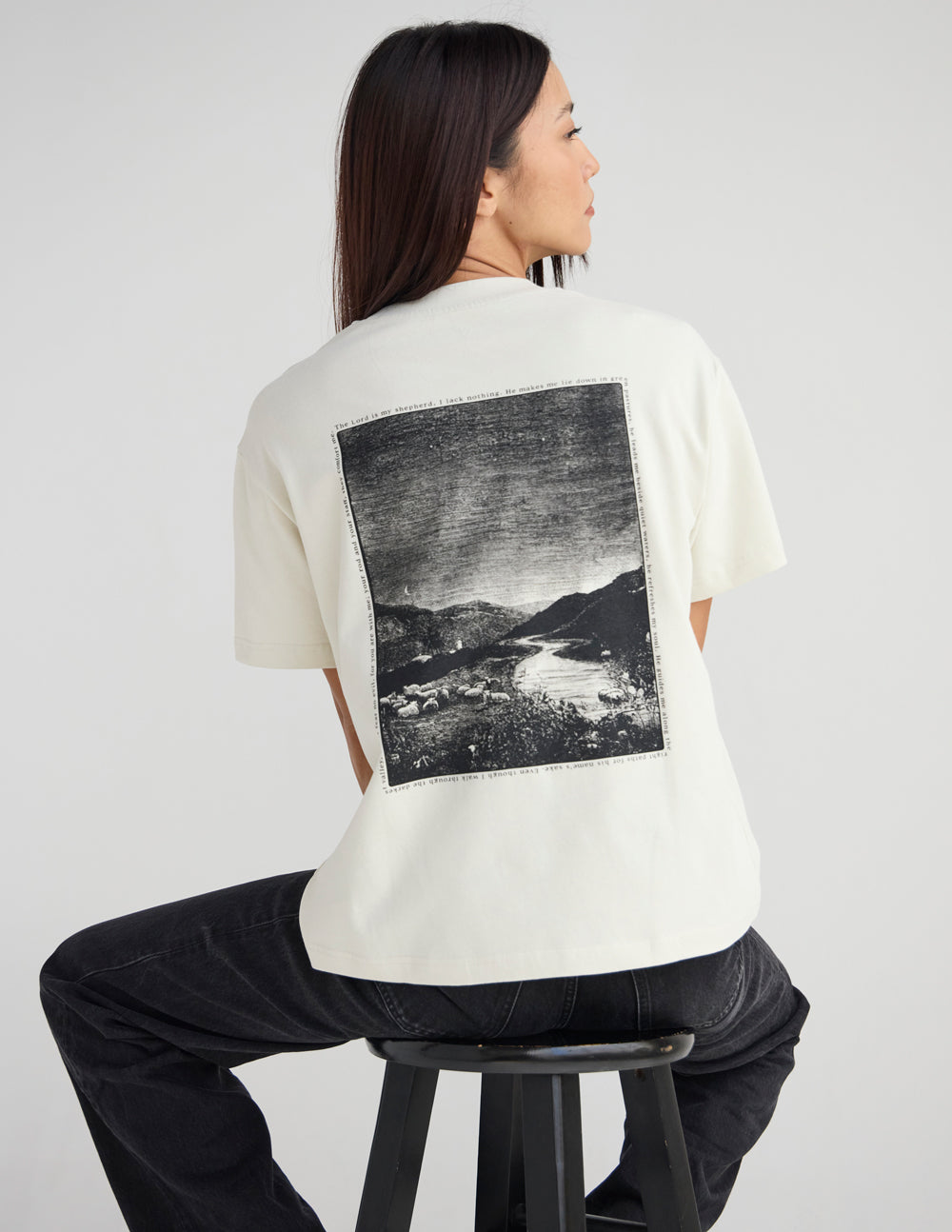 Cream unisex T-shirt with large back photo graphic in dark gray