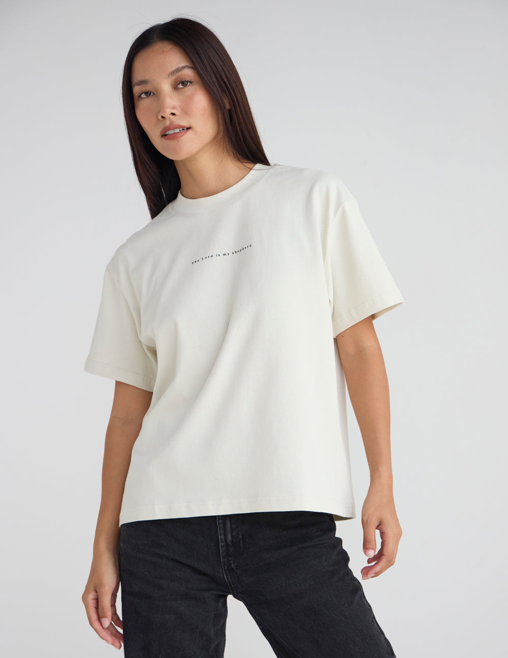 Cream unisex T-shirt with small chest text print