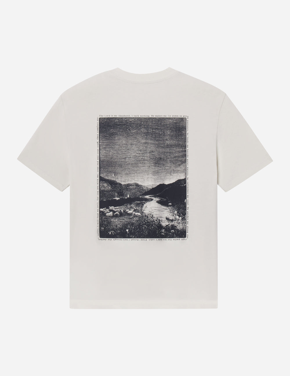 Cream unisex T-shirt flat lay with back square landscape graphic