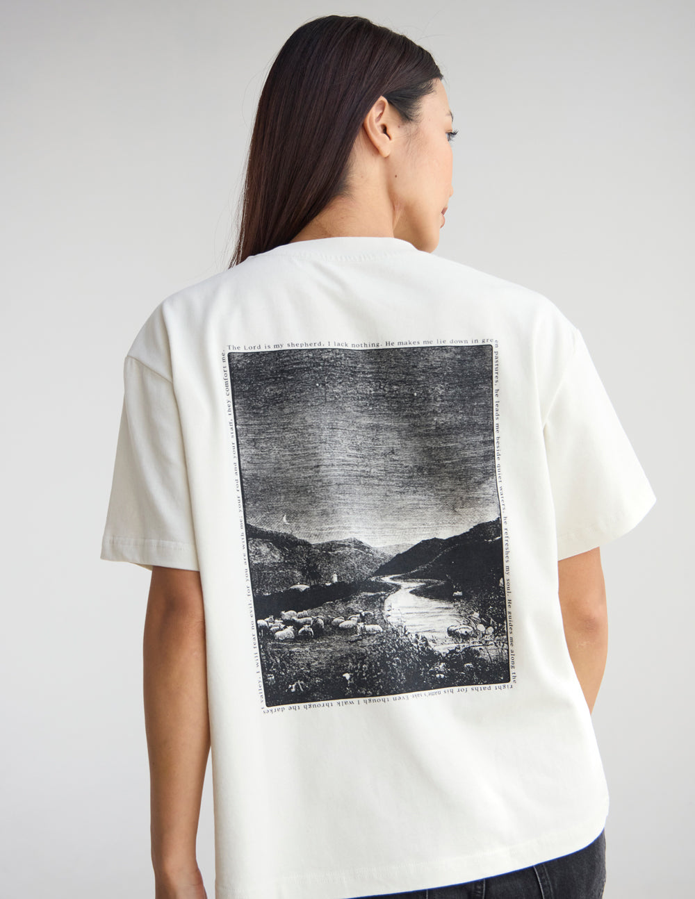 Cream unisex T-shirt with back square photo graphic in dark gray
