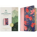 Life Application Study Bible with pink imitation leather cover and red floral design