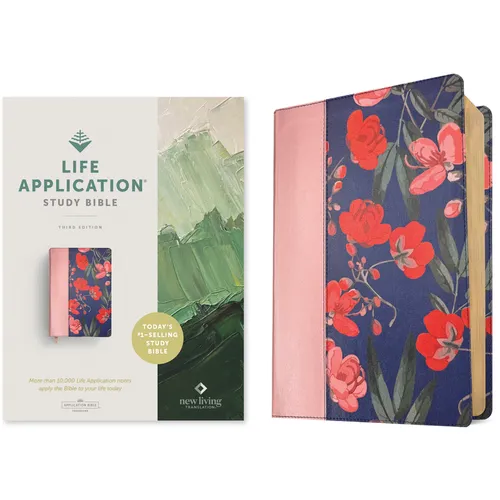 Closed study Bible with pink spine and dark blue cover featuring bold red flowers