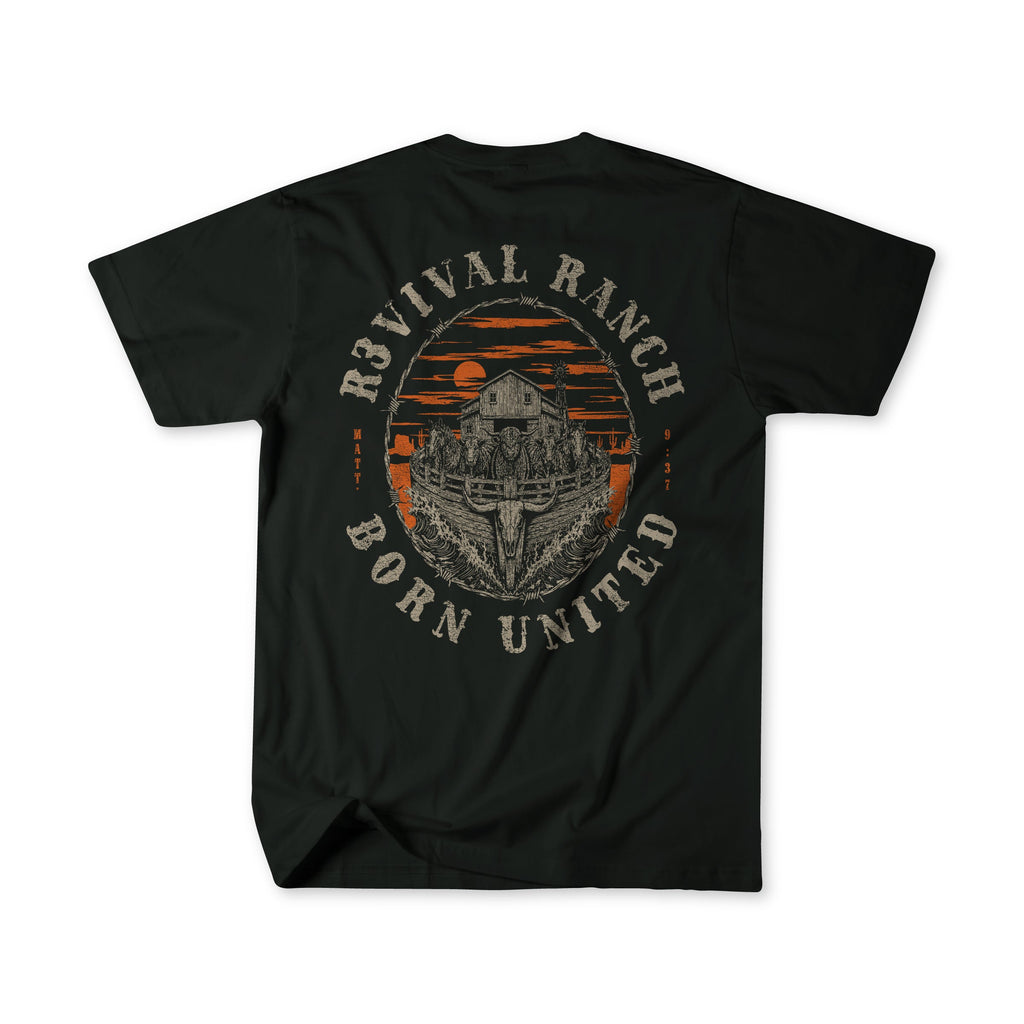 Black tee back flat lay with circular orange-and-gray farm graphic, crew neck