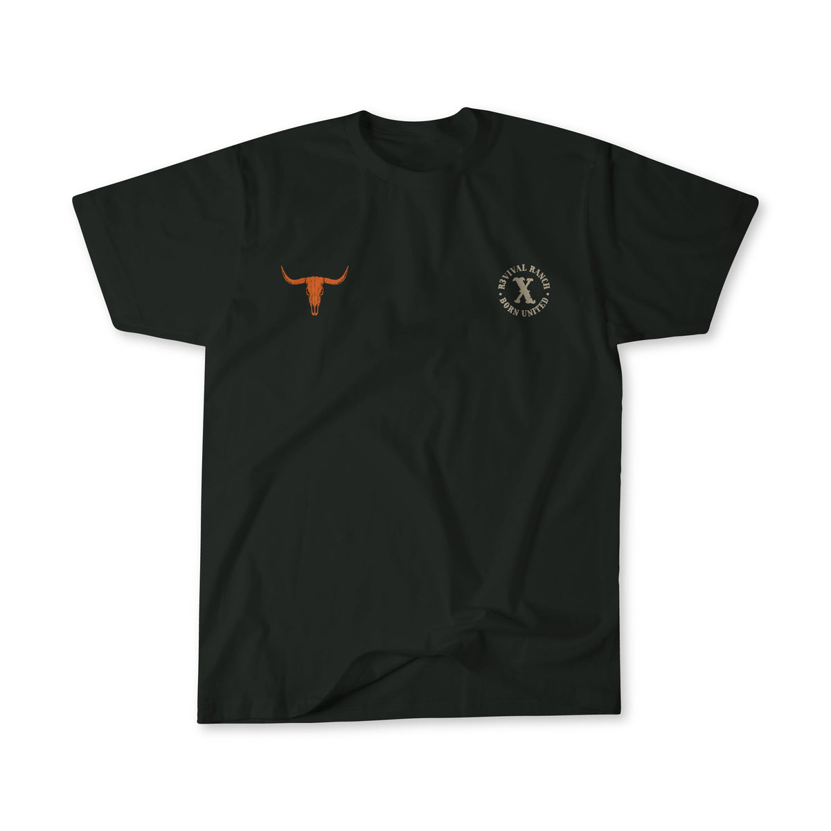 Black tee front flat lay with orange bull icon and round chest logo, crew neck