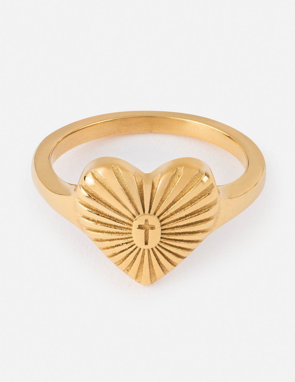 Gold heart signet ring with radiant rays and cross centerpiece