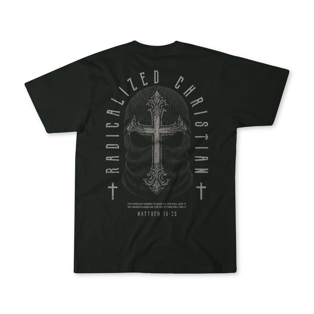 Black premium tee with large back skull cross graphic and circular text