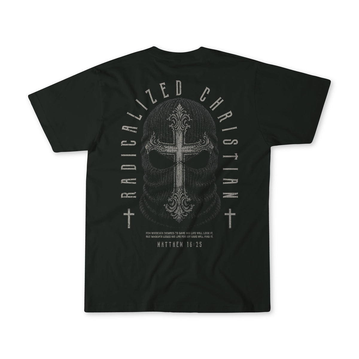 Black premium tee with large back skull cross graphic and circular text