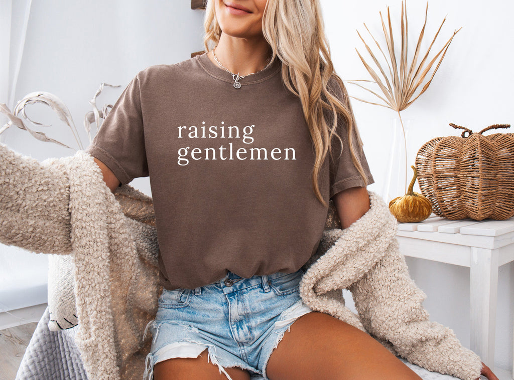 Brown garment-dyed T-shirt with 'raising gentlemen' graphic
