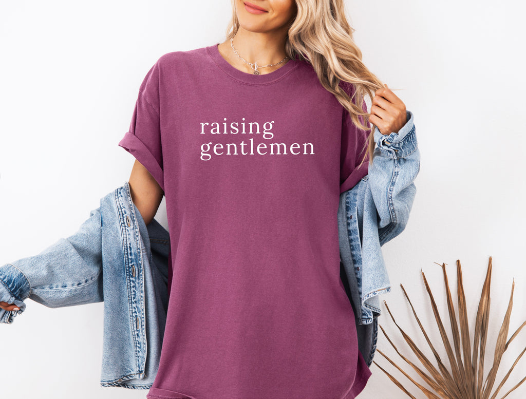 Berry/purple garment-dyed T-shirt with 'raising gentlemen' graphic