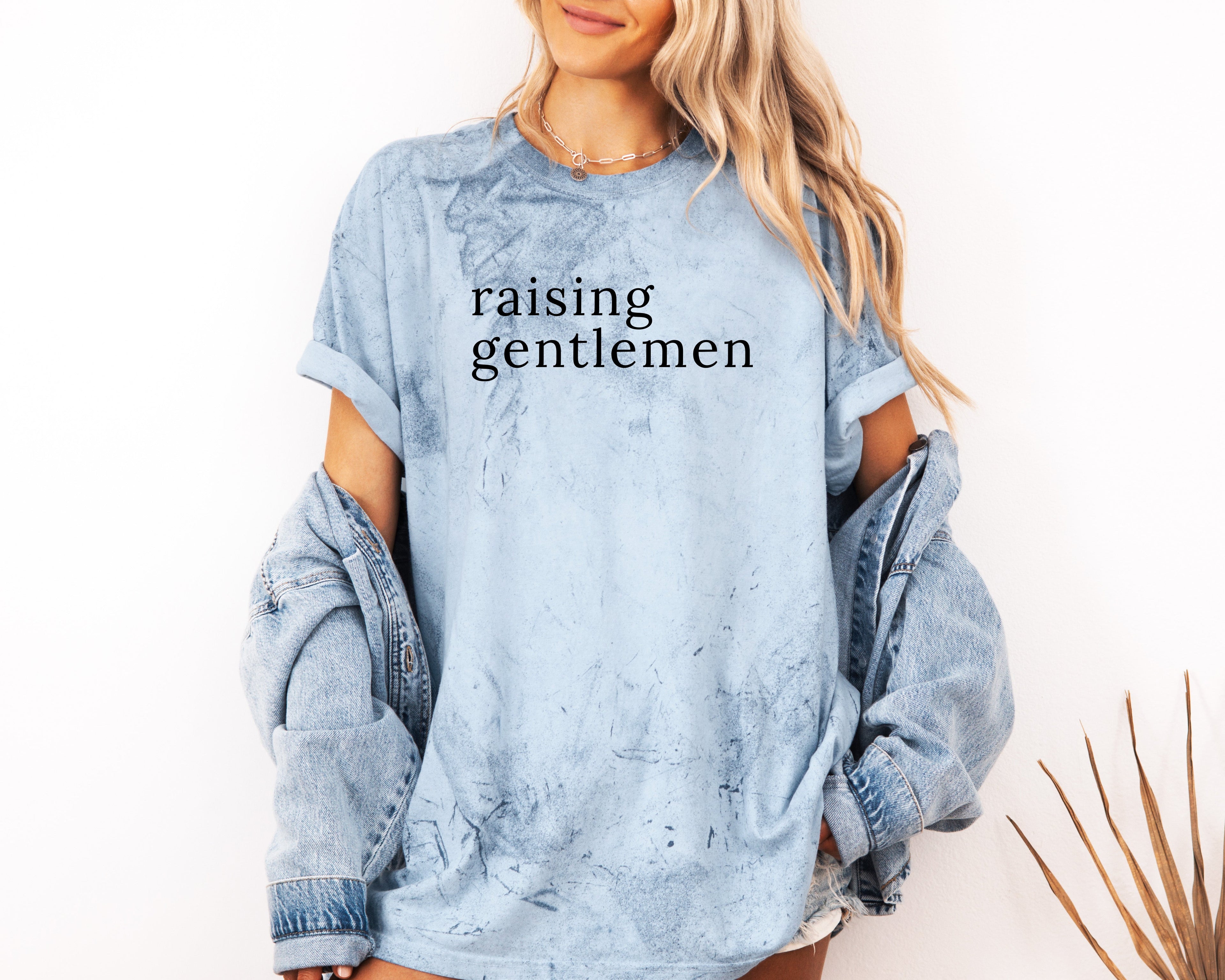 Light blue garment-dyed T-shirt with 'raising gentlemen' graphic