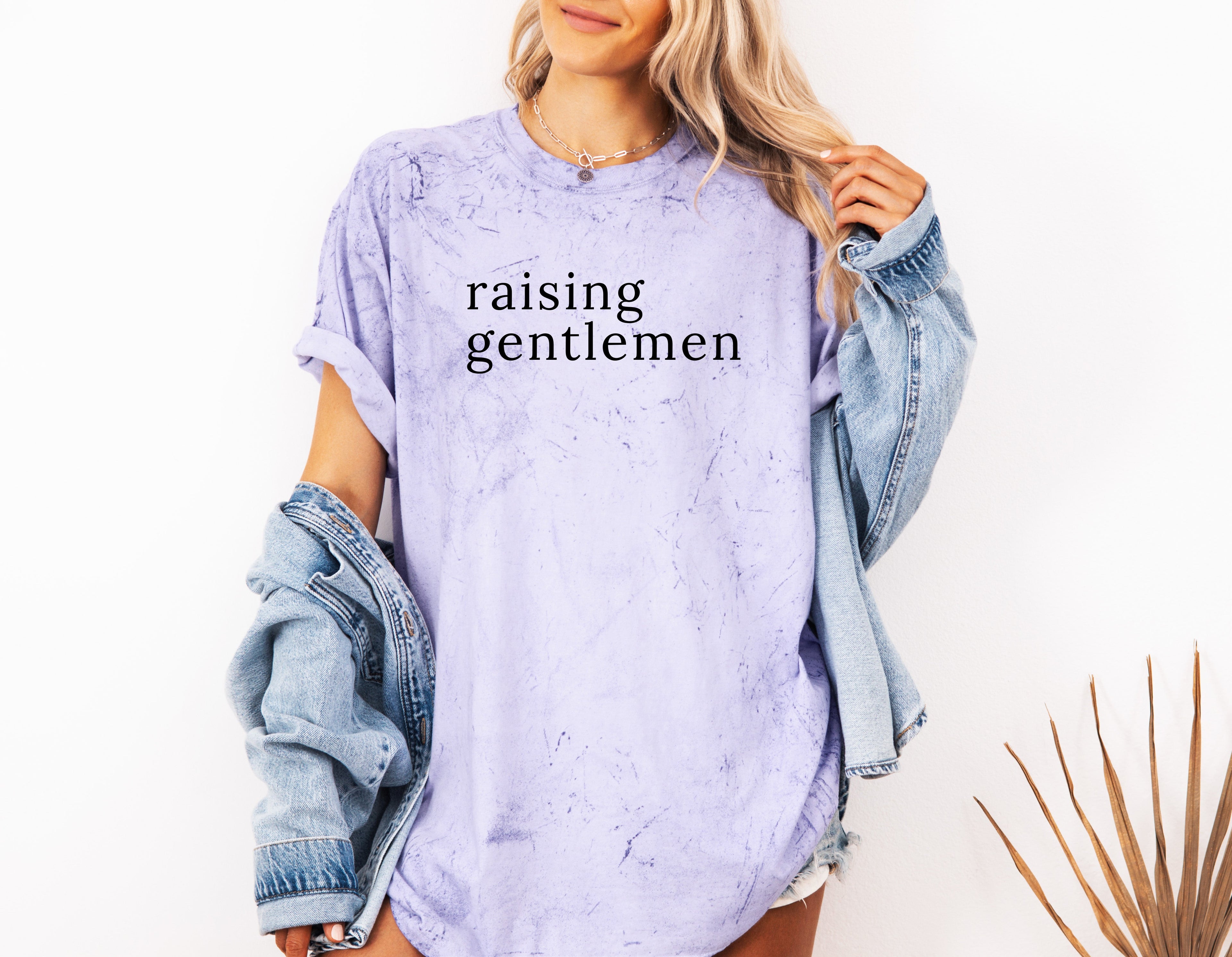 Lavender garment-dyed T-shirt with 'raising gentlemen' graphic