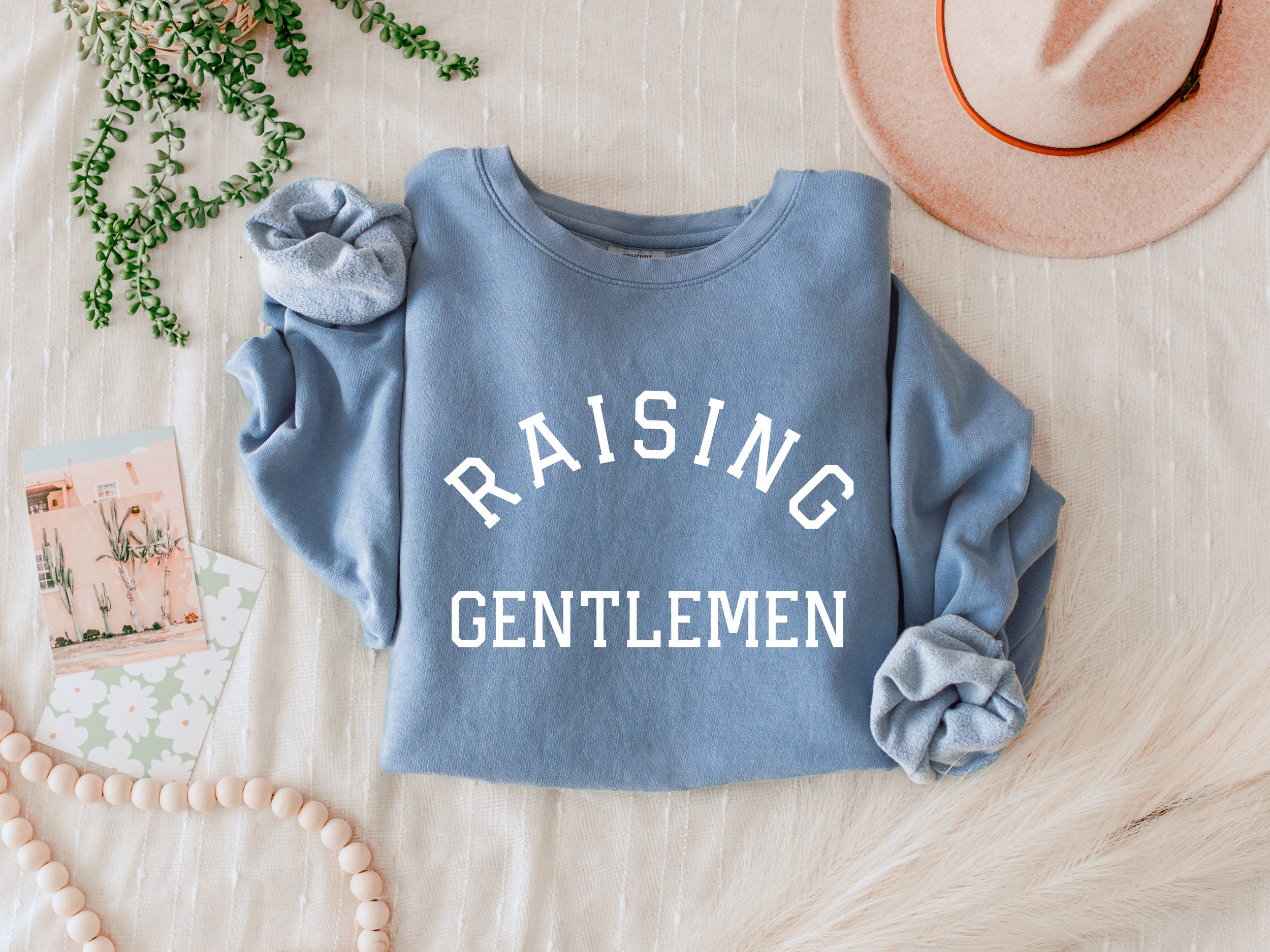 Light blue crewneck sweatshirt with "RAISING GENTLEMEN" text print