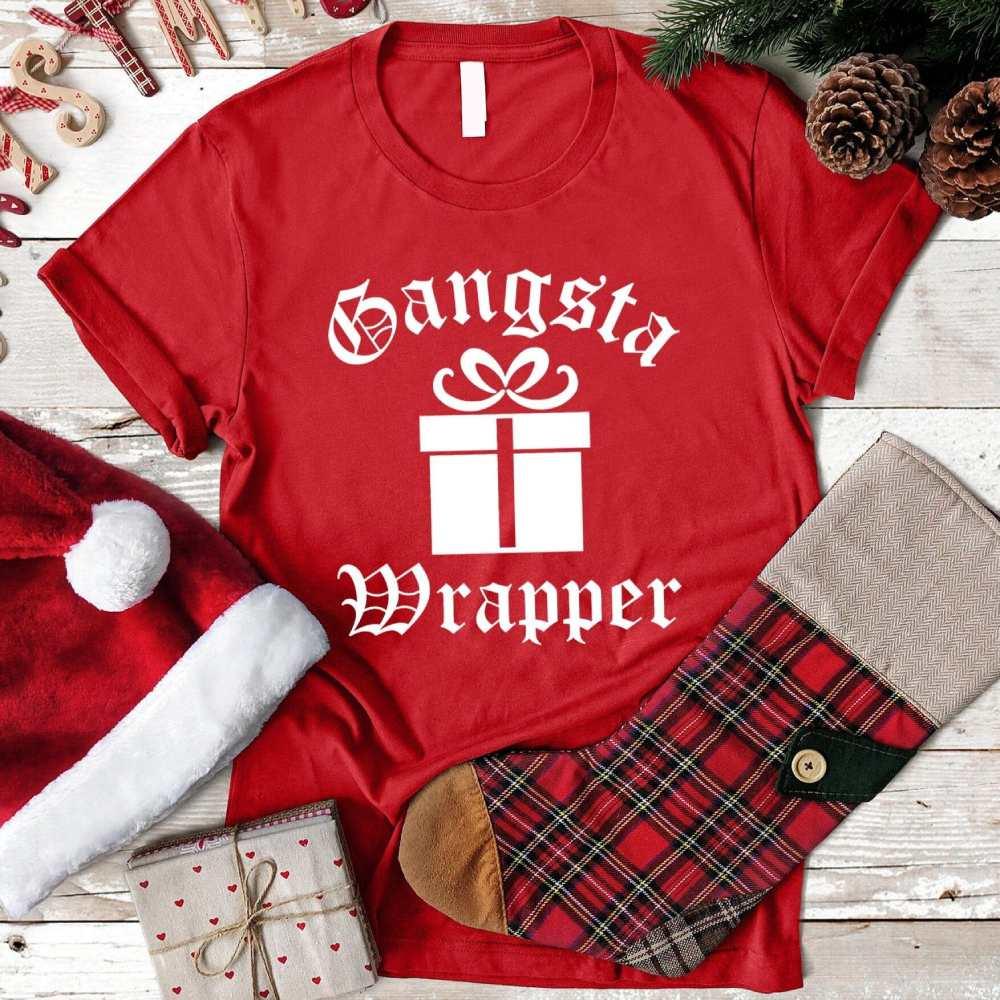 Red short-sleeve crewneck tee with white "Gangsta Wrapper" graphic