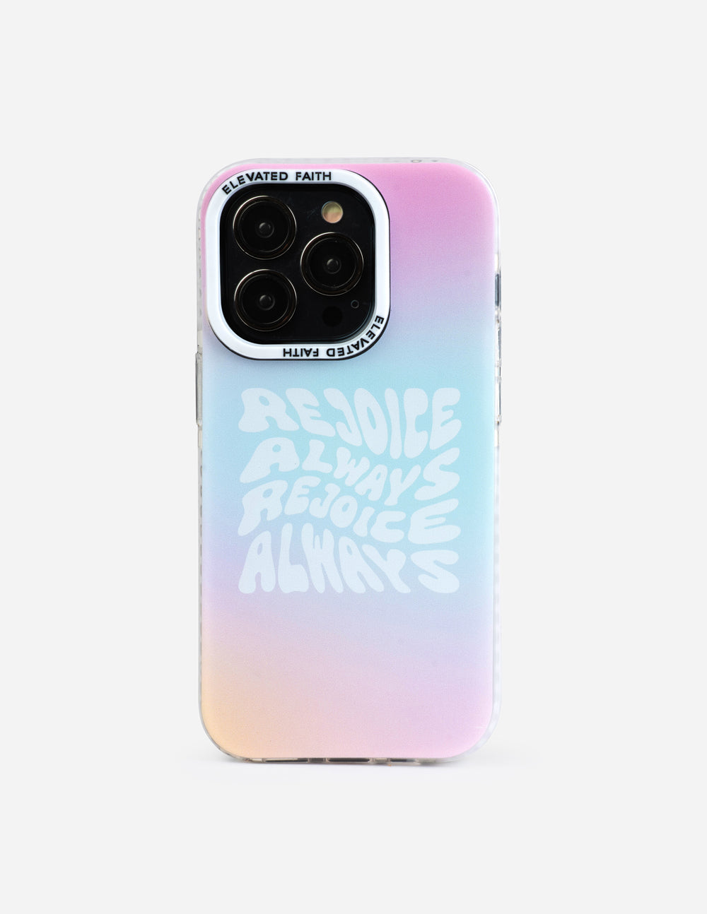 Rejoice Always phone case with pastel pink and blue gradient and camera cutouts