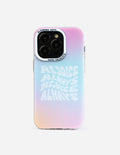 Rejoice Always phone case with pastel pink and blue gradient and camera cutouts