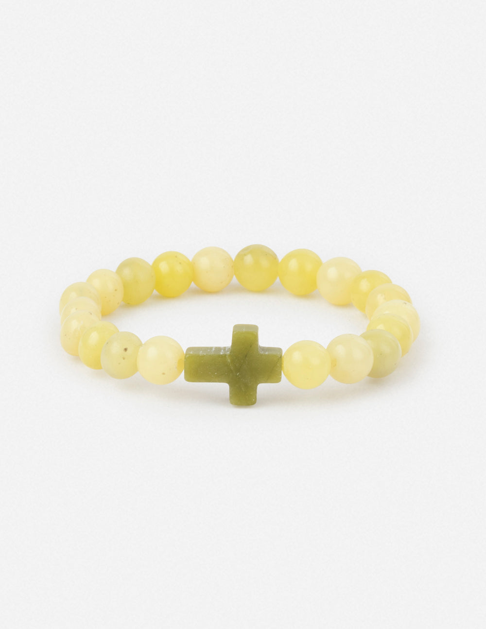 Light yellow beaded bracelet with small green cross charm