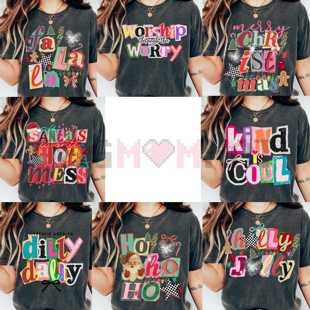 Dark heather gray T-shirt collage preview showing multiple holiday design variations
