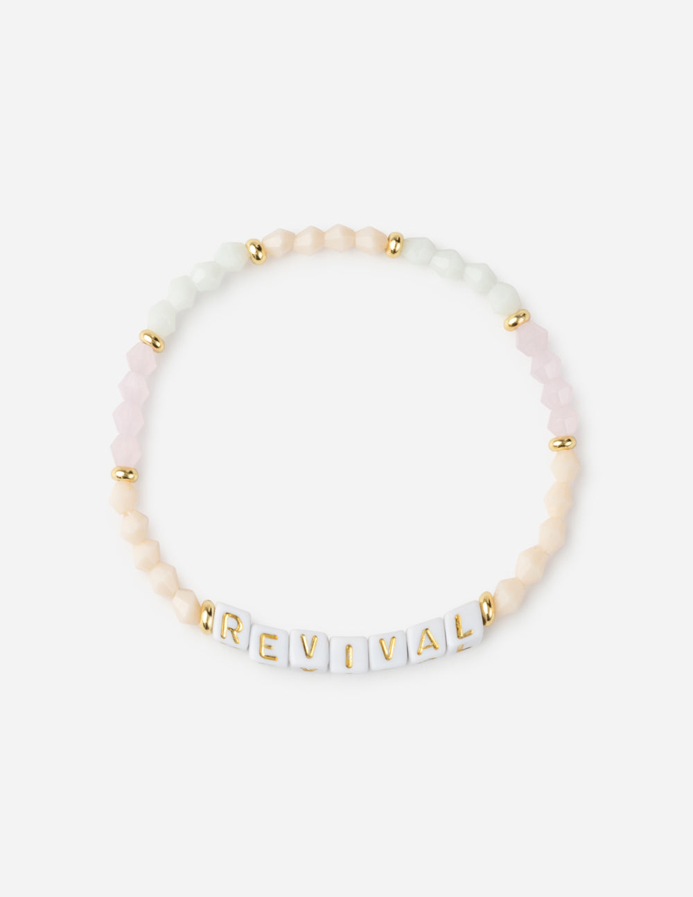 Letter bead bracelet with pale pink/white beads and gold “REVIVAL” beads