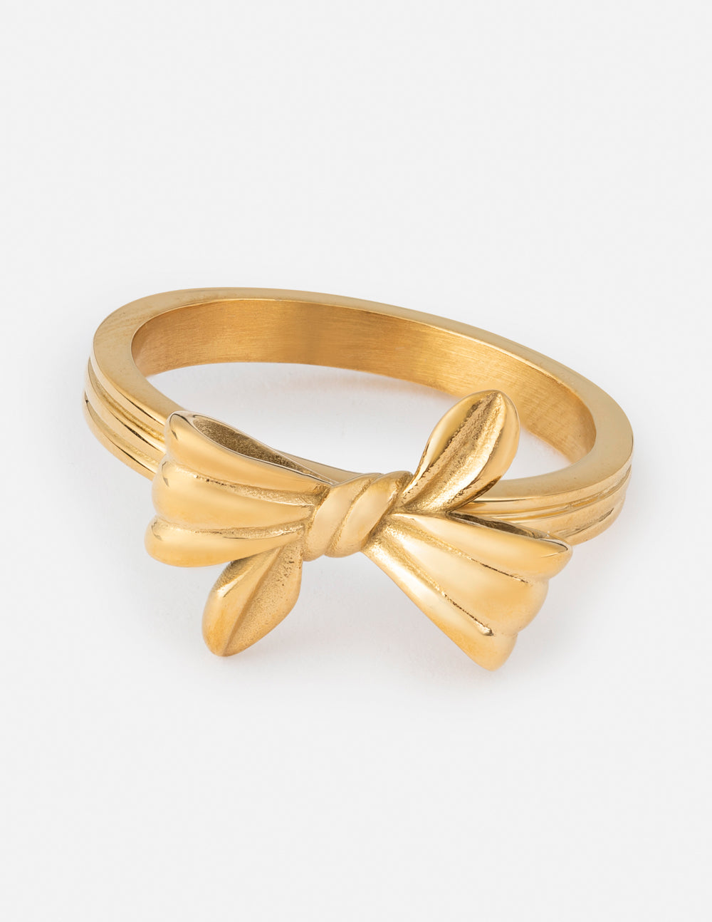 Gold ribbon bow ring with wrapped band and knot detail