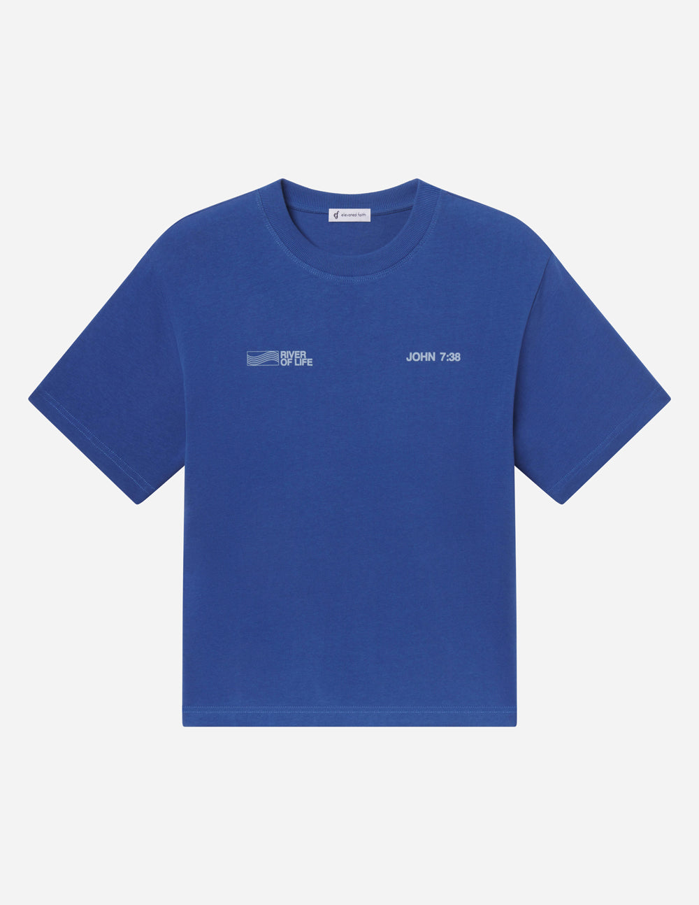 Blue crew-neck T-shirt with small River of Life flag logo and John 7:38 text