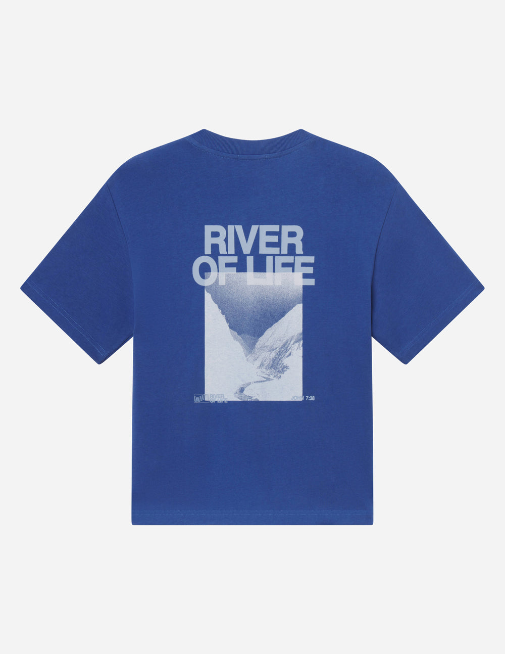 Blue heavyweight crewneck tee with front photo graphic and white text