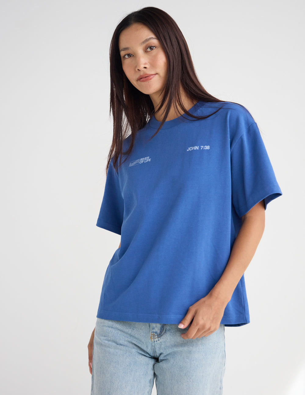 Blue crew-neck graphic T-shirt with River of Life and John 7:38 text on front