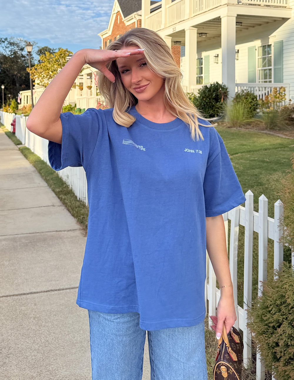 Blue crew-neck graphic T-shirt with River of Life and John 7:38 prints on front