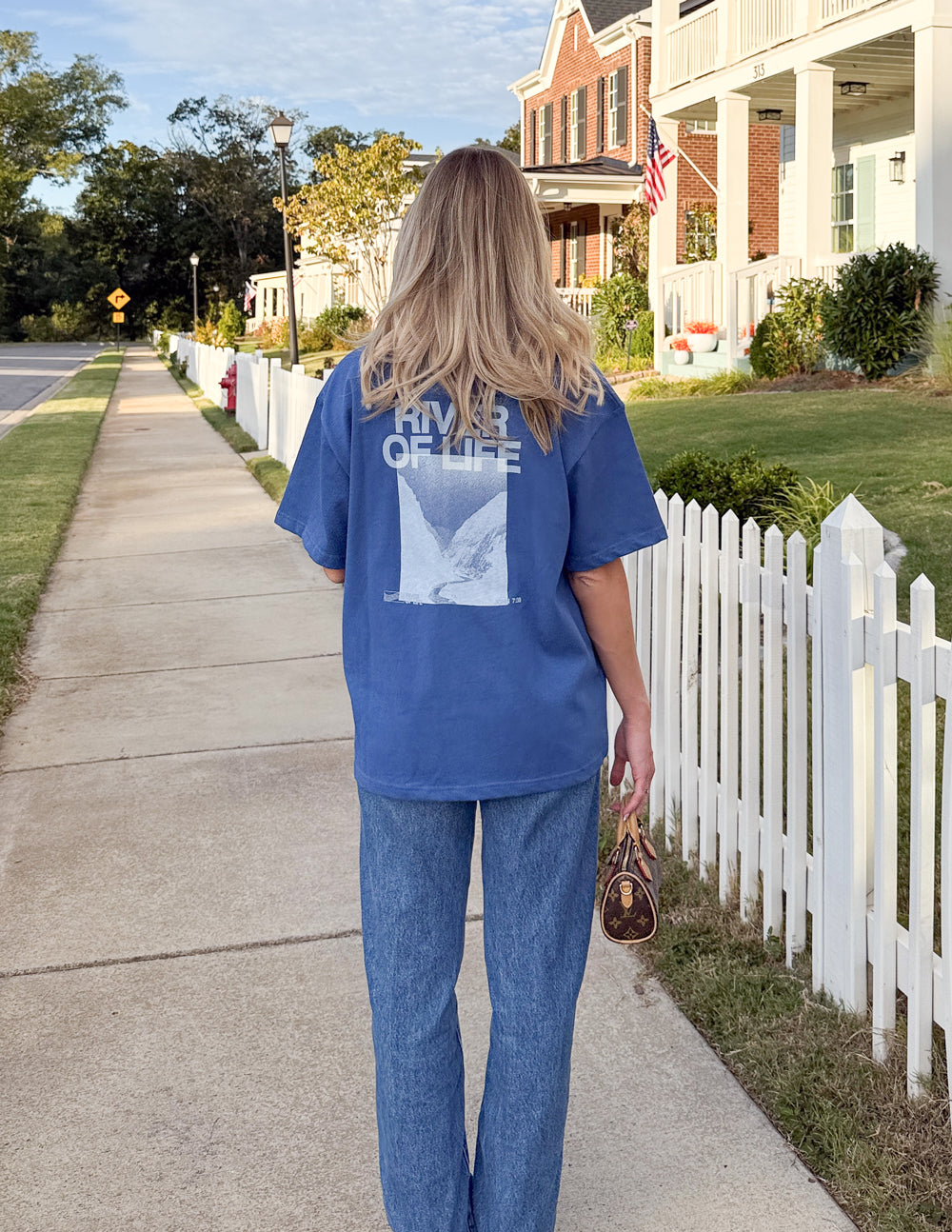 Blue crew-neck graphic T-shirt, back print shows River of Life logo and dove square
