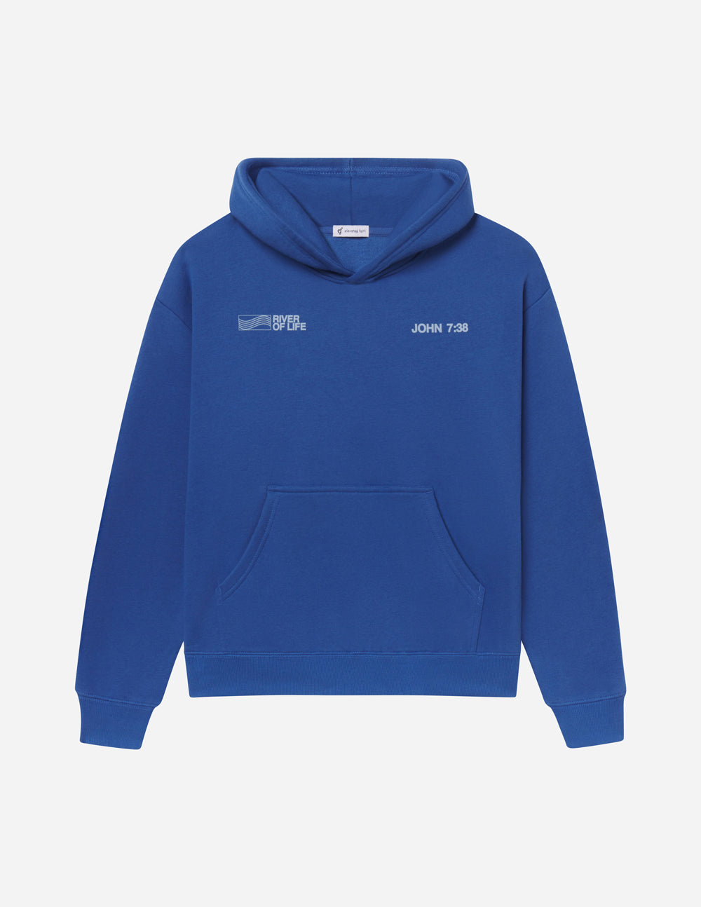 Unisex blue pullover hoodie with front chest graphic and kangaroo pocket
